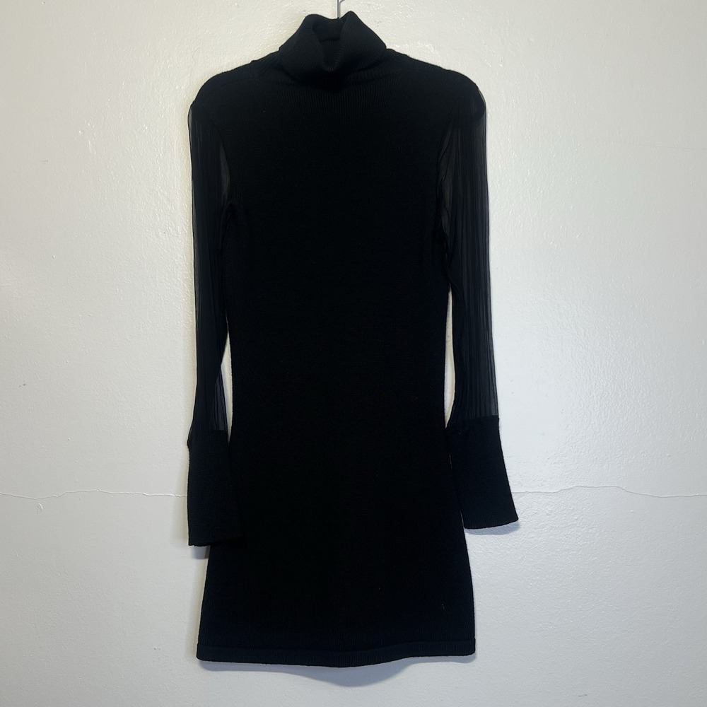Vanessa Bruno Black Wool/Silk Fine Knit Sheer Long Sleeves Turtleneck Mini Dress